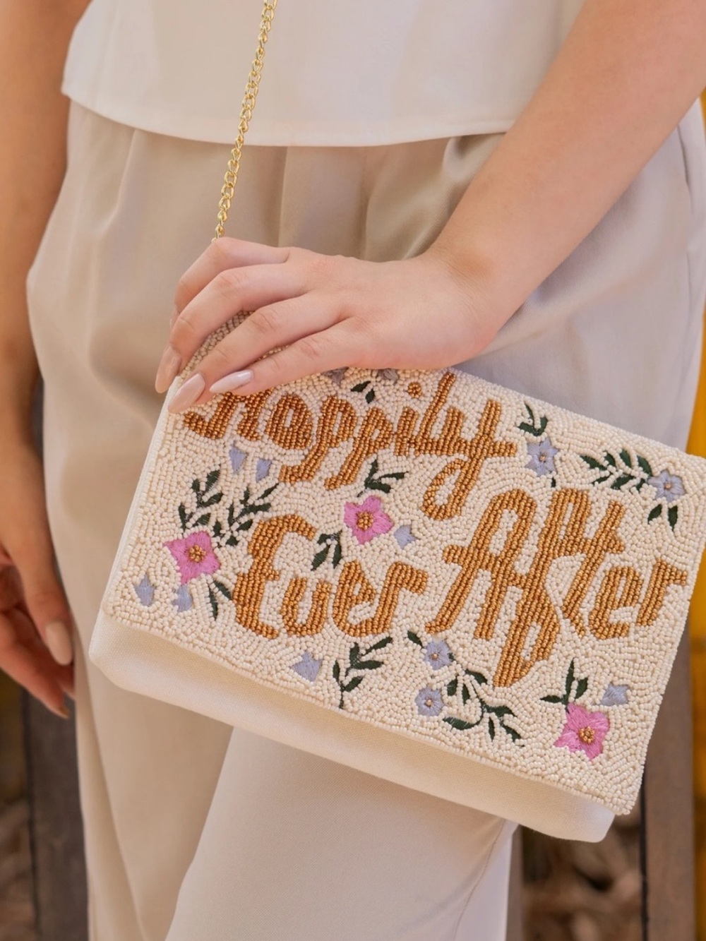 Beaded Embroidered Happily Ever After Cream Crossbody Bag Wedding Bach
